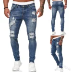 Men Jeans Knee Hole Ripped Stretch Skinny Denim Pants Solid Color Black Blue Autumn - Image 3