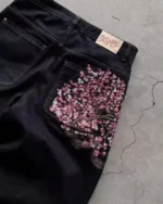 Vintage Low Waist Hip Hop Cherry Blossom Embroidered Jeans Wide Leg Trousers Y2K - Image 2