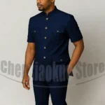 Men's Grey Mandarin Collar Suit Set Short Sleeves Multi-Pocket Jacket and Trousers - Image 2