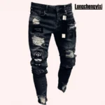 Men Jeans Knee Hole Ripped Stretch Skinny Denim Pants Solid Color Black Blue Autumn - Image 5