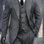 3 Pieces Men's Grey Herringbone Suits Formal Slim Fit Peak Lapel Tweed Prom Tuxedos