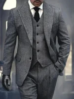 3 Pieces Men's Grey Herringbone Suits Formal Slim Fit Peak Lapel Tweed Prom Tuxedos