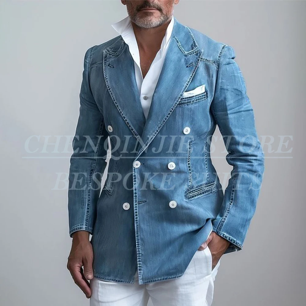 kf-S8597369564194db2a47cf3c11d311d9bf Gentlemen Denim Men's Suits Blazer High Quality Double Breasted Peak Lapel Slim - Image 1
