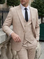 Formal Men's Suits Regular Fit Plaid Tweed Prom Army Green Tuxedos Solid Business Black - Image 4