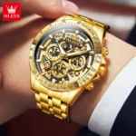 OLEVS Lxuxry Brand Gold Men's Watches Full Skeleton Stainless Steel Chronograph - Image 3