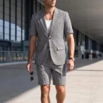 KIDWHXR Men Summer Suit Outfit British Style Plaid Short Sleeve Male 2-piece - Image 2