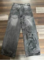 Mens Jeans Y2K Vintage Streetwear Black Gray Wide Leg Denim Pants Abstract Print - Image 3