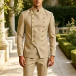 Men's Double Breasted Stand Collor Suit 2 Pieces Blazer Pants Set Slim Fit Business