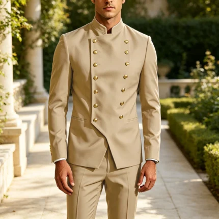 Men's Double Breasted Stand Collor Suit 2 Pieces Blazer Pants Set Slim Fit Business