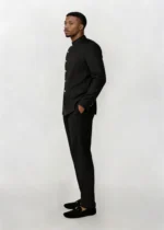Men African 2‑Piece Suit Black Mandarin Collar Oblique Silver Button Jacket Pants - Image 2