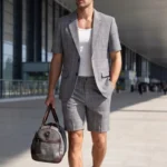 KIDWHXR Men Summer Suit Outfit British Style Plaid Short Sleeve Male 2-piece - Image 3
