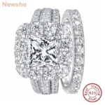 Newshe 2Pcs 925 Silver Wedding Rings Set for Women Halo Princess Cut White Cubic