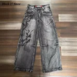 Mens Jeans Y2K Vintage Streetwear Black Gray Wide Leg Denim Pants Abstract Print