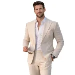Elegant Beige Linen 2 Piece Men Suits Casual Peak Lapel Slim Fit Blazer Pants - Image 2