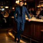 New Fashion Denim Men's Suit Classic Double Breasted Peak Lapel Slim Fit 2 Pieces - Image 3