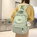 Solid Nylon Backpack, Cute Simple School Bag with Multi Pockets & Pendant