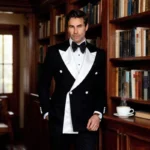 Mens 2 Pieces Tuxedo Suit Double Breasted Black Jacket Pants Set White Satin Peak - Image 3