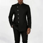 Men African 2‑Piece Suit Black Mandarin Collar Oblique Silver Button Jacket Pants