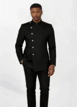 Men African 2‑Piece Suit Black Mandarin Collar Oblique Silver Button Jacket Pants
