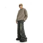 Men Jeans Denim Flare Pants Floor Length Pant Splice High Waist Irregularity Loose - Image 4