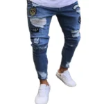 Men Jeans Knee Hole Ripped Stretch Skinny Denim Pants Solid Color Black Blue Autumn - Image 6