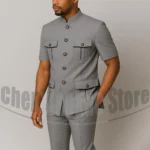 Men's Grey Mandarin Collar Suit Set Short Sleeves Multi-Pocket Jacket and Trousers