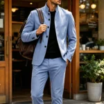 Men's Linen Stand Collar Suit 2-Piece Blazer & Pants Set Slim Fit Business Casual