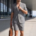 KIDWHXR Men Summer Suit Outfit British Style Plaid Short Sleeve Male 2-piece - Image 4