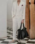 Men Off White Linen 3 Pieces Suit Slim Fit Blazer Vest Pants Set Summer Wedding - Image 2