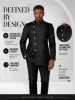 Men African 2‑Piece Suit Black Mandarin Collar Oblique Silver Button Jacket Pants - Image 4