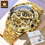 OLEVS Lxuxry Brand Gold Men's Watches Full Skeleton Stainless Steel Chronograph