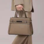 Minimalist Litchi Grain Cow Leather Tote Bag Ladies Metal Decor Top Handle