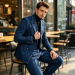 New Fashion Denim Men's Suit Classic Double Breasted Peak Lapel Slim Fit 2 Pieces - Image 5