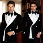 Mens 2 Pieces Tuxedo Suit Double Breasted Black Jacket Pants Set White Satin Peak - Image 2