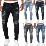 Men Jeans Knee Hole Ripped Stretch Skinny Denim Pants Solid Color Black Blue Autumn - Image 2