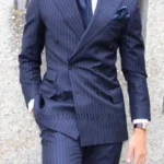 Navy Blue Striped Men Suits Slim Fit Peak Lapel Double Breasted Blazer Wedding