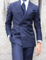 Navy Blue Striped Men Suits Slim Fit Peak Lapel Double Breasted Blazer Wedding