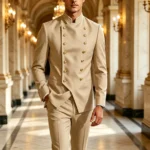 Men's Double Breasted Stand Collor Suit 2 Pieces Blazer Pants Set Slim Fit Business - Image 2