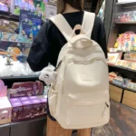 Solid Nylon Backpack, Cute Simple School Bag with Multi Pockets & Pendant - Image 2