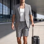 KIDWHXR Men Summer Suit Outfit British Style Plaid Short Sleeve Male 2-piece