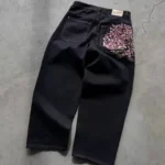 Vintage Low Waist Hip Hop Cherry Blossom Embroidered Jeans Wide Leg Trousers Y2K