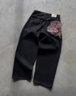Vintage Low Waist Hip Hop Cherry Blossom Embroidered Jeans Wide Leg Trousers Y2K