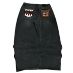 Washed Black Baggy Men Monster Tooth Embroidery Jeans Pocket Wide Leg Denim Pants Y2k