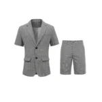 KIDWHXR Men Summer Suit Outfit British Style Plaid Short Sleeve Male 2-piece - Image 5
